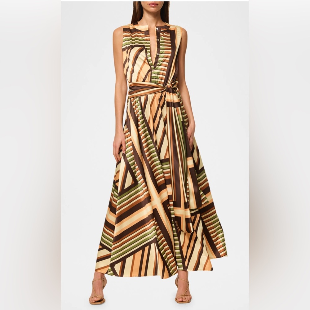 Misa Los Angeles Brown and Green Striped Maxi Dress